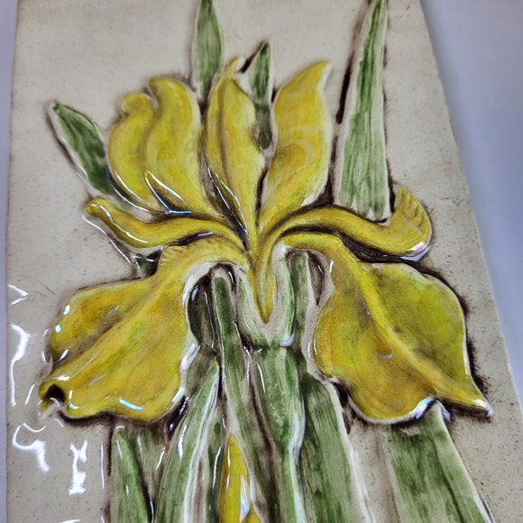 10×4 In, Relief Carved Ceramic Tile, Iris by Shannon Gresham 1997 Earth Song - Picture 6 of 9